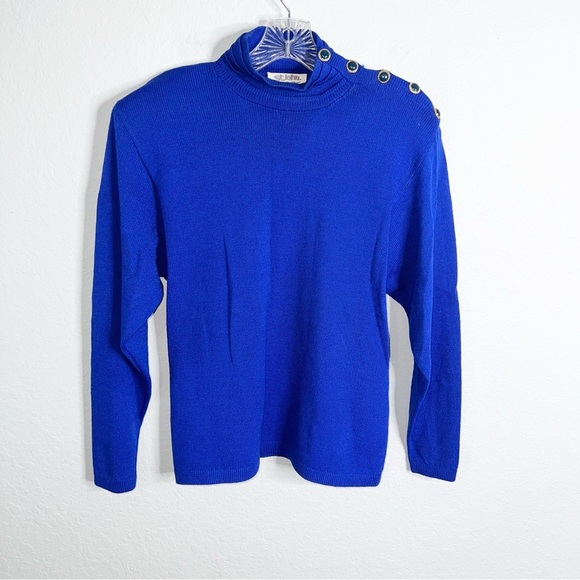 St. John Sweater Women 8 Santana Knit Top Royal Blue Vintage Mock Neck Buttons L - Picture 1 of 7